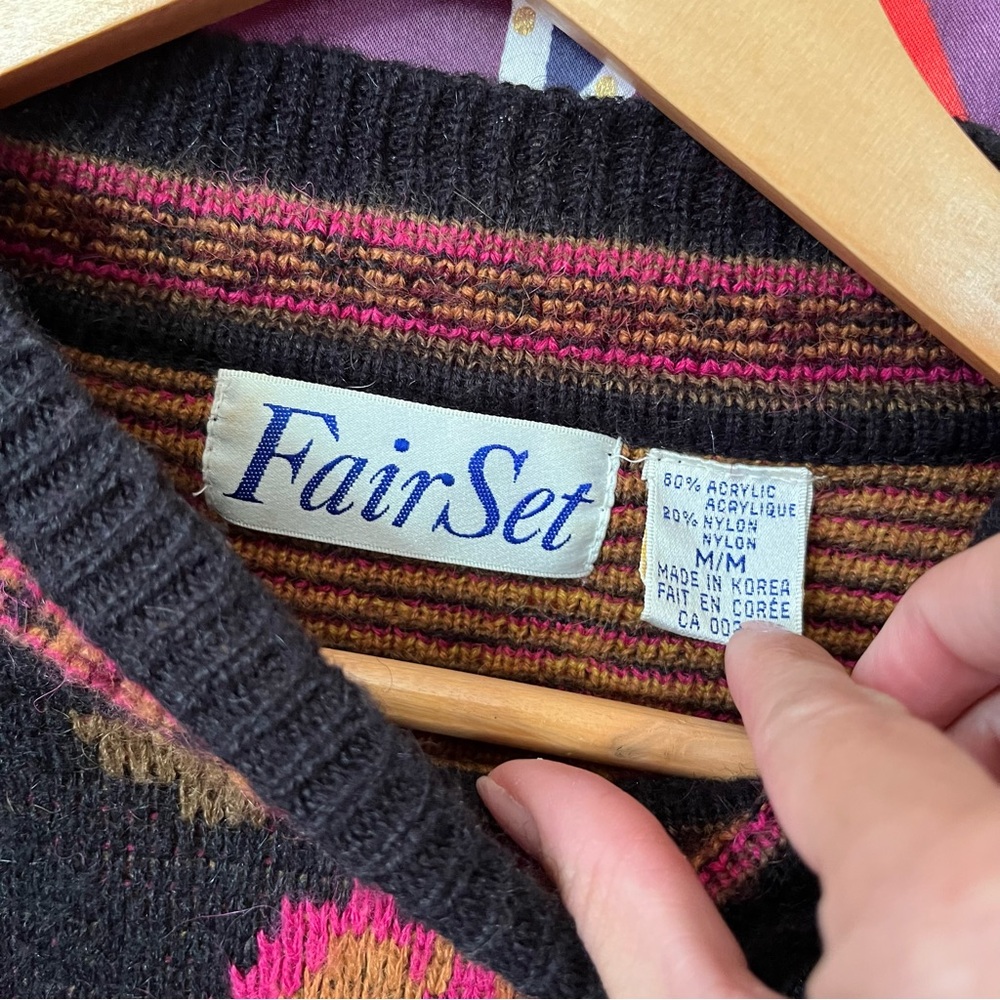 Vintage FairSet Colourful Aztec Patterned Knit Sweater Mock Neck Black Graphic - Picture 3 of 11